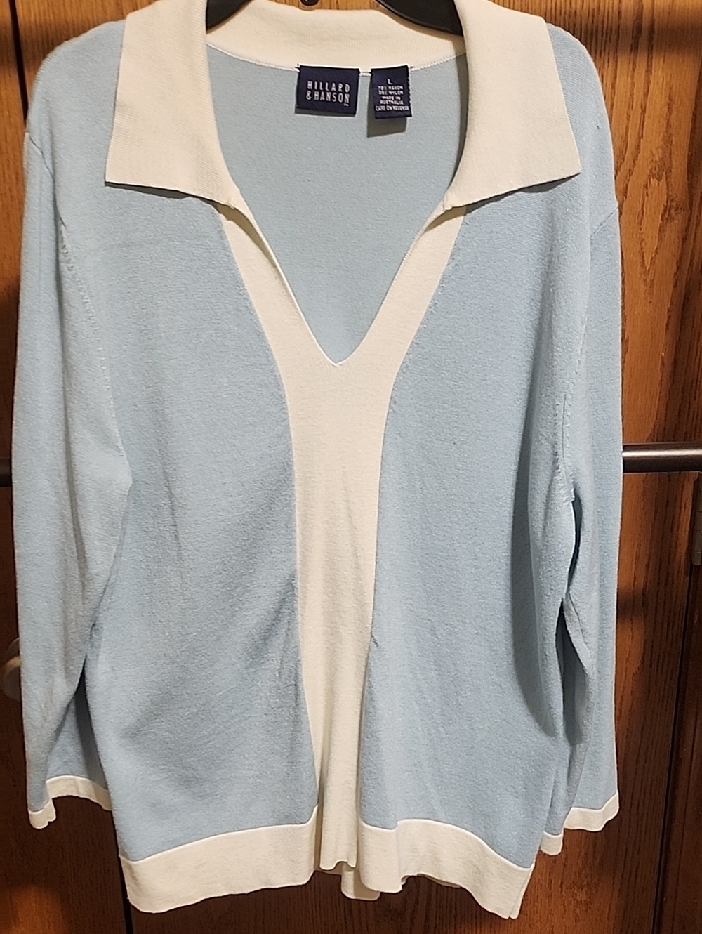 Hillard & Hanson Pale Blue V-Neck Sweater with Cream Trim